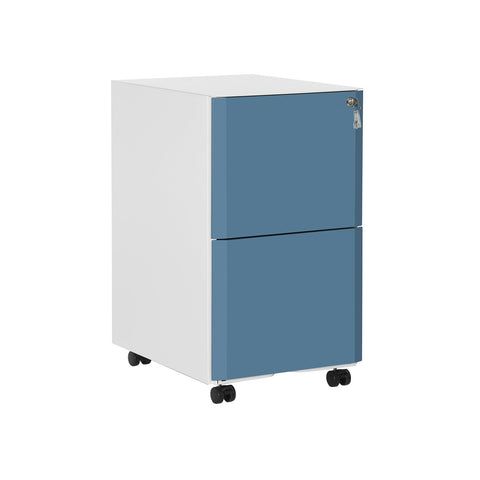 Rootz 2 Drawer Rolling Filing Cabinet - File Cabinet - Storage Chest - Steel Construction - 39cm x 50.7cm x 68.5cm - White-Blue - Adjustable Rods - Full Extensions - Max Load 23kg