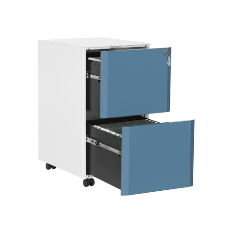 Rootz 2 Drawer Rolling Filing Cabinet - File Cabinet - Storage Chest - Steel Construction - 39cm x 50.7cm x 68.5cm - White-Blue - Adjustable Rods - Full Extensions - Max Load 23kg