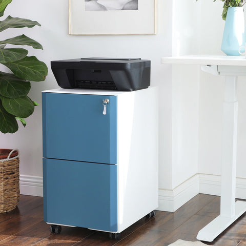 Rootz 2 Drawer Rolling Filing Cabinet - File Cabinet - Storage Chest - Steel Construction - 39cm x 50.7cm x 68.5cm - White-Blue - Adjustable Rods - Full Extensions - Max Load 23kg
