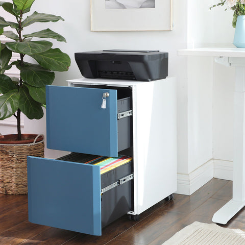 Rootz 2 Drawer Rolling Filing Cabinet - File Cabinet - Storage Chest - Steel Construction - 39cm x 50.7cm x 68.5cm - White-Blue - Adjustable Rods - Full Extensions - Max Load 23kg