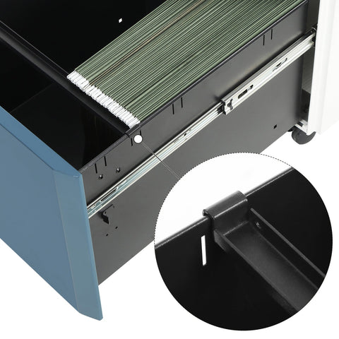 Rootz 2 Drawer Rolling Filing Cabinet - File Cabinet - Storage Chest - Steel Construction - 39cm x 50.7cm x 68.5cm - White-Blue - Adjustable Rods - Full Extensions - Max Load 23kg