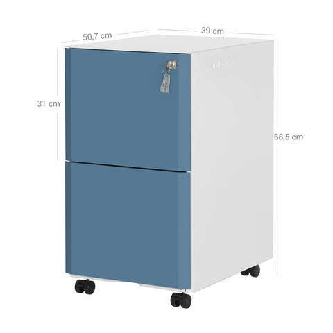 Rootz 2 Drawer Rolling Filing Cabinet - File Cabinet - Storage Chest - Steel Construction - 39cm x 50.7cm x 68.5cm - White-Blue - Adjustable Rods - Full Extensions - Max Load 23kg