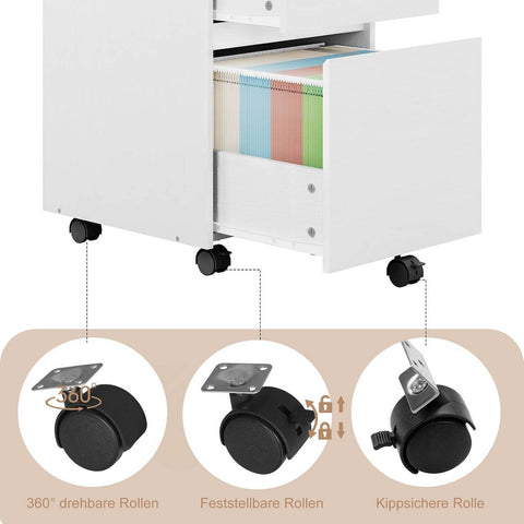 Rootz Rolling File Cabinet with Wheels - Mobile Office Storage - Hanging File Cabinet - Wood Material - 40cm x 56cm x 40cm