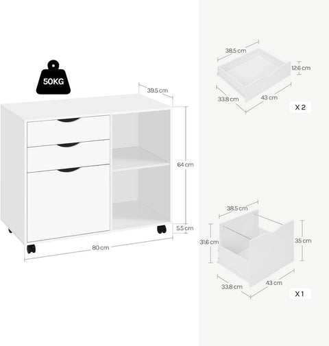 Rootz Rolling File Cabinet with Hanging Rod - Office Container - Storage Cabinet - E1 Wood Material - 80cm x 69.5cm x 39.5cm