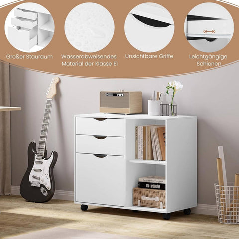 Rootz Rolling File Cabinet with Hanging Rod - Office Container - Storage Cabinet - E1 Wood Material - 80cm x 69.5cm x 39.5cm