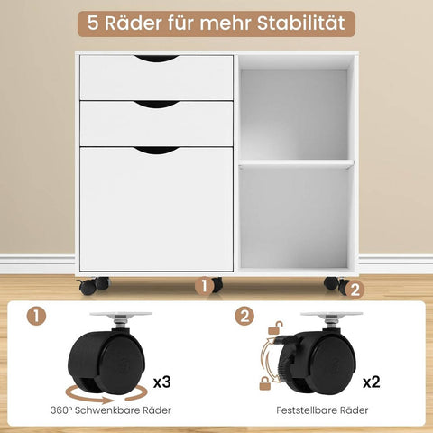 Rootz Rolling File Cabinet with Hanging Rod - Office Container - Storage Cabinet - E1 Wood Material - 80cm x 69.5cm x 39.5cm