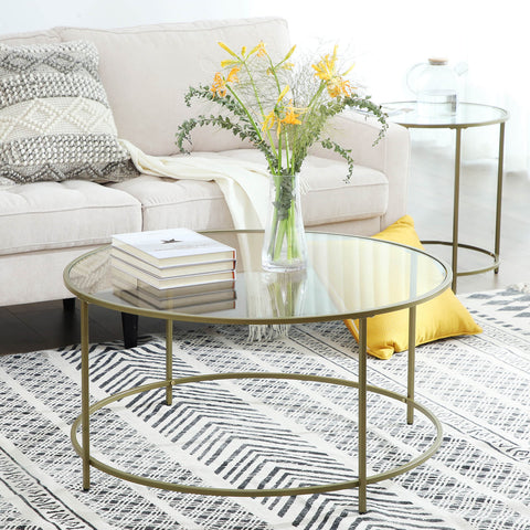 Rootz Gold Frame Glass Coffee Table - Stylish Accent Table - Retro Look - Iron and Tempered Glass - 84cm x 84cm x 45.5cm