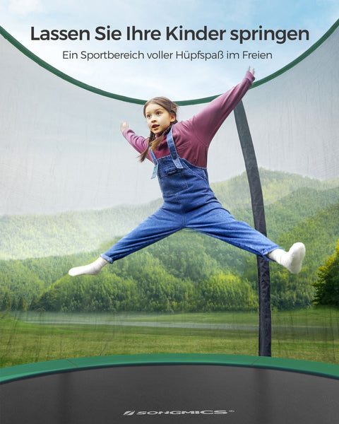 Rootz 10ft Trampoline with Safety Net - Black-Green - Galvanized Steel Frame - PVC Edge Cover - PP Jumping Mat - 244cm x 239cm - 180cm Pole Height - 80kg Weight Capacity