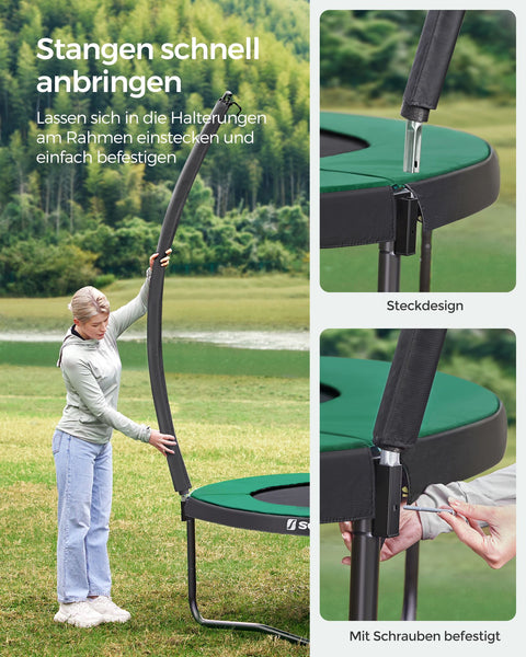 Rootz 10ft Trampoline with Safety Net - Black-Green - Galvanized Steel Frame - PVC Edge Cover - PP Jumping Mat - 244cm x 239cm - 180cm Pole Height - 80kg Weight Capacity