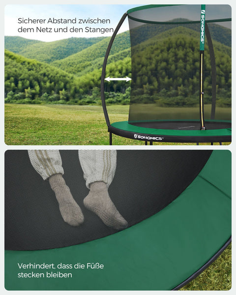 Rootz 10ft Trampoline with Safety Net - Black-Green - Galvanized Steel Frame - PVC Edge Cover - PP Jumping Mat - 244cm x 239cm - 180cm Pole Height - 80kg Weight Capacity