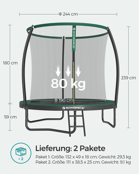 Rootz 10ft Trampoline with Safety Net - Black-Green - Galvanized Steel Frame - PVC Edge Cover - PP Jumping Mat - 244cm x 239cm - 180cm Pole Height - 80kg Weight Capacity