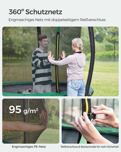 Rootz 10ft Trampoline with Safety Net - Black-Green - Galvanized Steel Frame - PVC Edge Cover - PP Jumping Mat - 244cm x 239cm - 180cm Pole Height - 80kg Weight Capacity