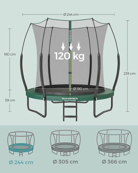 Rootz 10ft Trampoline - Jungle Green - Outdoor Bounce House - Galvanized Steel Frame - Safety Net - Fiberglass Poles - 244cm x 239cm x 180cm