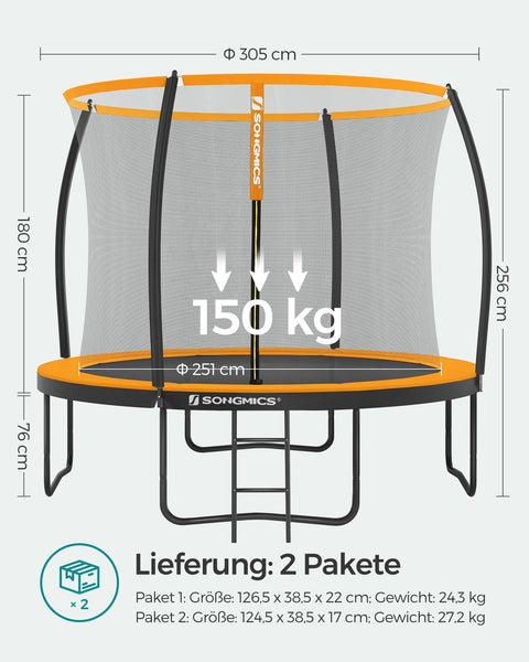 Rootz 305cm Trampoline - Garden Trampoline - Fitness Trampoline - Galvanized Steel Frame - Safety Net - EPE Foam Padding - 305cm x 76cm - Black-Orange