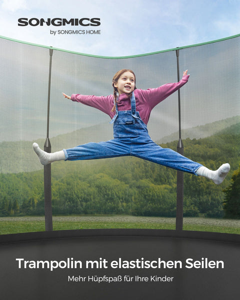 Rootz 12ft Trampoline with Safety Net - Jungle Green - Outdoor Trampoline - Galvanized Steel Frame - Fiberglass Poles - 305cm x 256cm x 76cm - Max Load 150kg