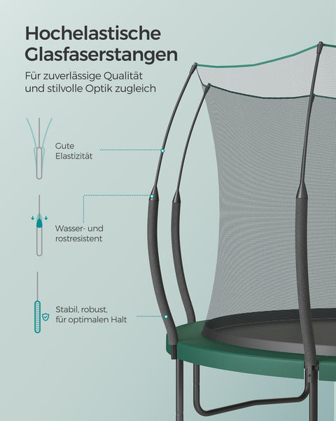 Rootz 12ft Trampoline with Safety Net - Jungle Green - Outdoor Trampoline - Galvanized Steel Frame - Fiberglass Poles - 305cm x 256cm x 76cm - Max Load 150kg