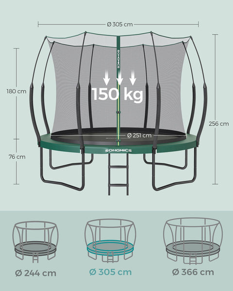 Rootz 12ft Trampoline with Safety Net - Jungle Green - Outdoor Trampoline - Galvanized Steel Frame - Fiberglass Poles - 305cm x 256cm x 76cm - Max Load 150kg