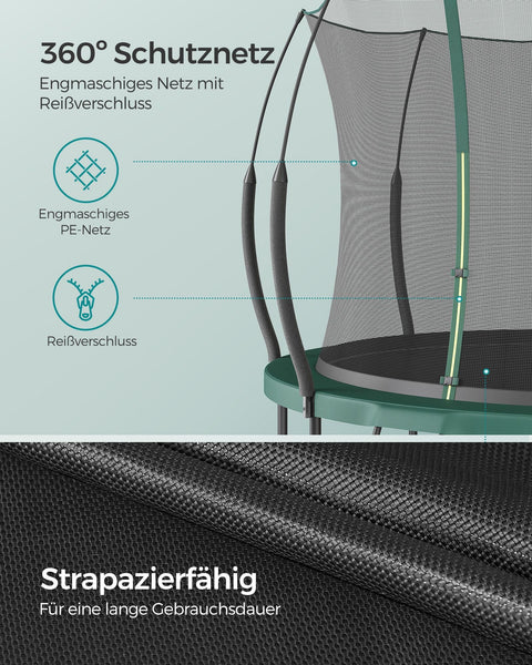 Rootz 12ft Trampoline with Safety Net - Jungle Green - Outdoor Trampoline - Galvanized Steel Frame - Fiberglass Poles - 305cm x 256cm x 76cm - Max Load 150kg