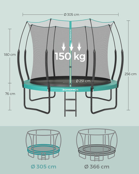 Rootz 12ft Sea Blue Trampoline - Outdoor Bouncer - Jumping Mat - Safety Net - Galvanized Steel Frame - Fiberglass Poles - 305cm x 256cm x 76cm