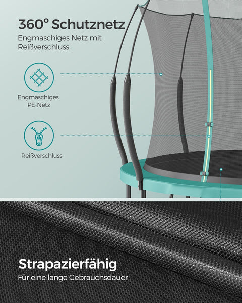 Rootz Safety Net Trampoline 305cm - Sea Blue - Galvanized Steel Frame - Thick Padding - Fiberglass Poles - 305cm x 256cm x 76cm