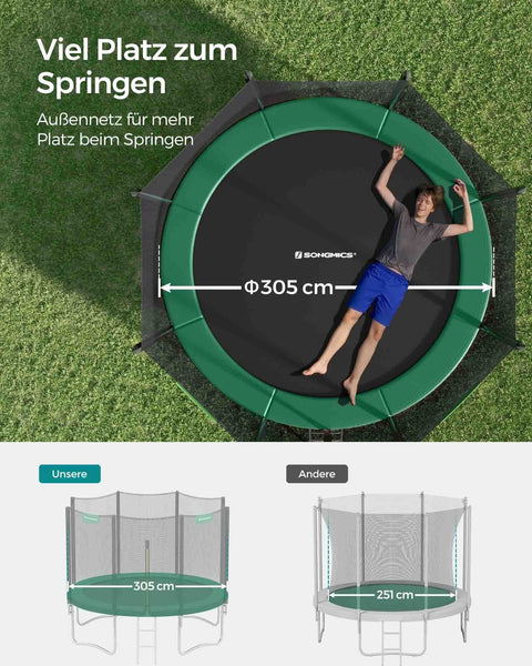 Rootz 305cm Trampoline - Garden Fun - Jumping Fitness - Safety Net - Galvanized Steel Frame - 305cm x 76cm - Black-Green