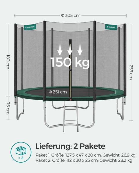 Rootz 305cm Trampoline - Garden Fun - Jumping Fitness - Safety Net - Galvanized Steel Frame - 305cm x 76cm - Black-Green