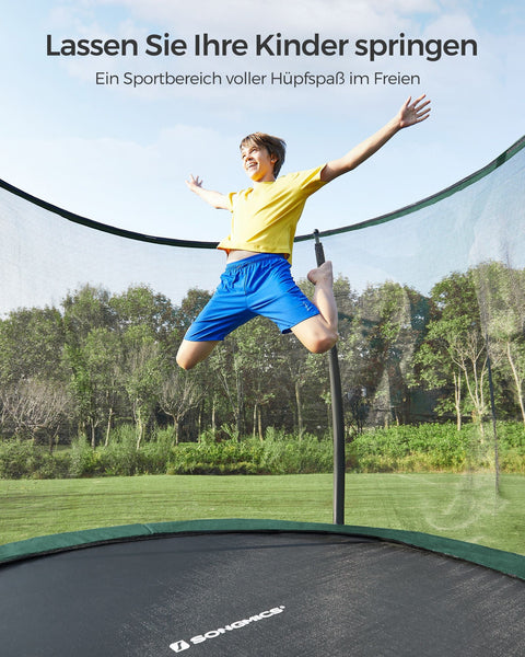 Rootz 366cm Trampoline with Safety Net - Garden Trampoline - Outdoor Fitness Equipment - Galvanized Steel Frame - Close-Meshed Safety Net - EPE Foam Poles - 366cm x 90cm - Black-Dark Green