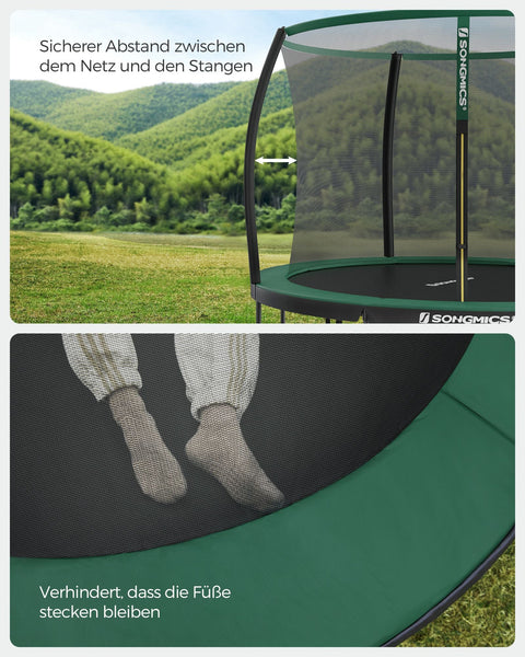 Rootz 366cm Trampoline with Safety Net - Garden Trampoline - Outdoor Fitness Equipment - Galvanized Steel Frame - Close-Meshed Safety Net - EPE Foam Poles - 366cm x 90cm - Black-Dark Green