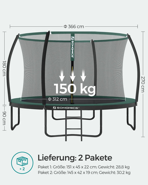 Rootz 366cm Trampoline with Safety Net - Garden Trampoline - Outdoor Fitness Equipment - Galvanized Steel Frame - Close-Meshed Safety Net - EPE Foam Poles - 366cm x 90cm - Black-Dark Green