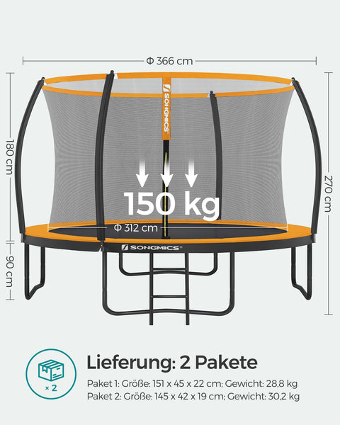 Rootz 366cm Trampoline - Garden Trampoline - Fitness Trampoline - Close-Meshed Safety Net - Galvanized Steel Frame - 366cm Diameter - 90cm Distance from Ground
