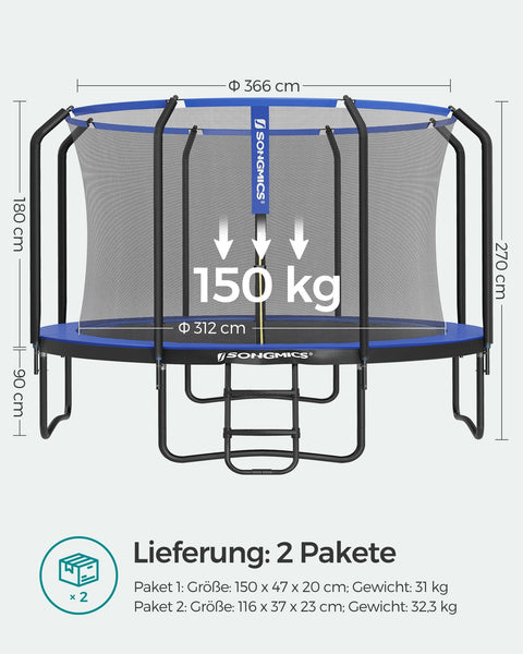 Rootz Trampoline Set - Bouncing Device - Jumping Equipment - Galvanized Frame - Stable - Rust-Resistant - Ideal Gift - 366cm x 90cm - Dark Blue