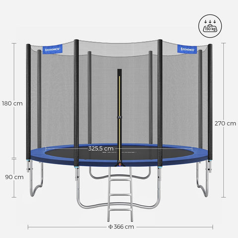 Rootz 366cm Trampoline - Garden Trampoline - Outdoor Trampoline - Galvanized Steel Frame - Safety Net - EPE Foam Padding - 366cm x 90cm - Black-Blue