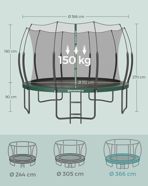 Rootz 12ft Trampoline - Jungle Green - Outdoor Trampoline - Galvanized Steel Frame - Safety Net - Fiberglass Poles - 366cm x 270cm x 90cm