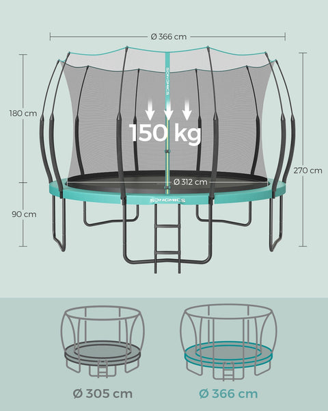 Rootz 12ft Sea Blue Trampoline - Outdoor Bouncer - Jumping Mat - Safety Net - Galvanized Steel Frame - Fiberglass Poles - 366cm x 270cm x 90cm