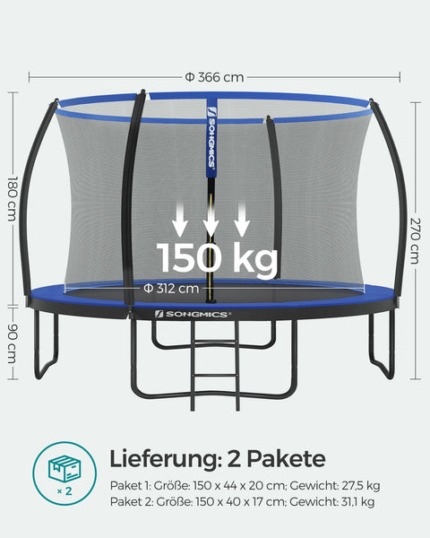 Rootz 366cm Trampoline - Garden Trampoline - Outdoor Trampoline - Galvanized Steel Frame - Safety Net - EPE Foam - 366cm x 90cm x 150kg