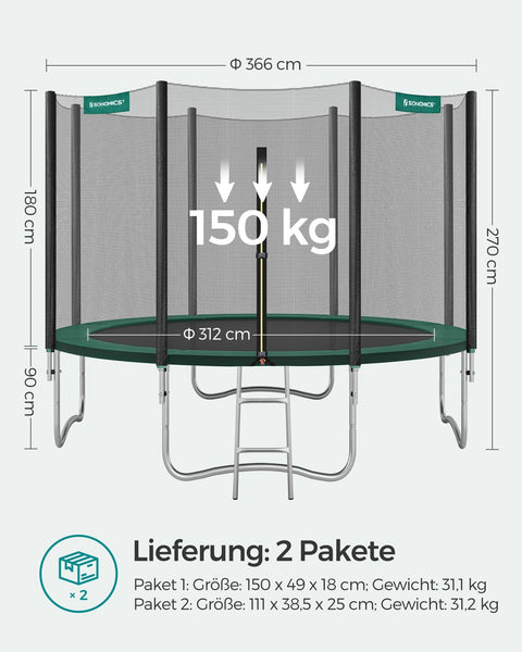 Rootz 366cm Trampoline - Garden Trampoline - Outdoor Trampoline - Galvanized Steel Frame - Safety Net - EPE Foam Padding - 366cm x 90cm - Black-Green