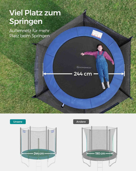 Rootz 98" Trampoline - Outdoor Bouncer - Jumping Mat - Safety Net - Galvanized Steel Frame - 244cm Diameter - Black/Blue - 59cm Height