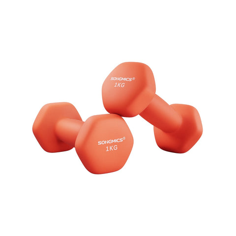 Rootz Pair of 2kg Neoprene Coated Dumbbells - Orange Hand Weights - Cast Iron - Strength Training - 13.5cm x 6.5cm - 9cm Handle - 2 x 1kg