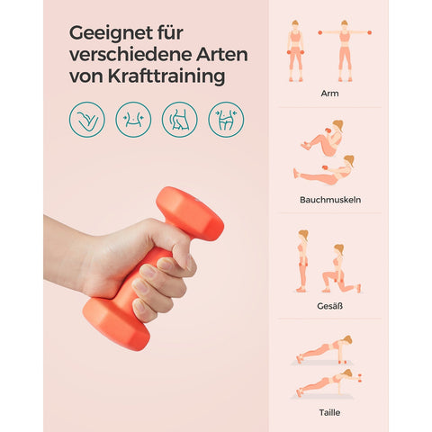 Rootz Pair of 2kg Neoprene Coated Dumbbells - Orange Hand Weights - Cast Iron - Strength Training - 13.5cm x 6.5cm - 9cm Handle - 2 x 1kg
