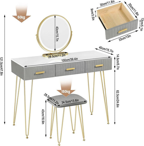 Rootz Vanity Table with Mirror - Makeup Desk - Dressing Station - LED Lighting - E1 Grade MDF - 100cm x 121.5cm x 40cm