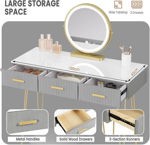 Rootz Vanity Table with Mirror - Makeup Desk - Dressing Station - LED Lighting - E1 Grade MDF - 100cm x 121.5cm x 40cm
