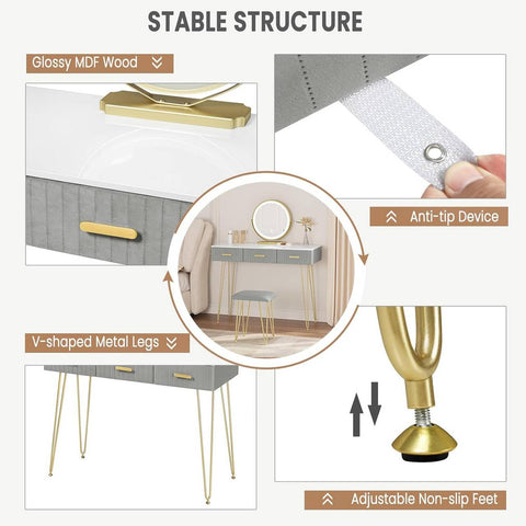 Rootz Vanity Table with Mirror - Makeup Desk - Dressing Station - LED Lighting - E1 Grade MDF - 100cm x 121.5cm x 40cm