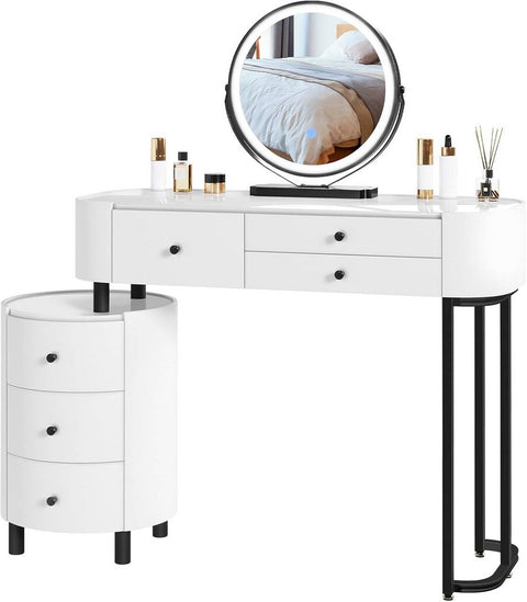Rootz Dressing Table with Mirror and Side Cabinet - Vanity Table - Makeup Desk - LED Lighting - Large Storage - 117.5cm x 39cm x 123cm