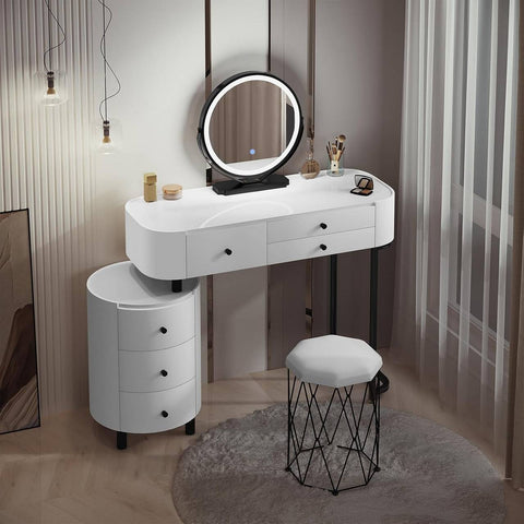 Rootz Dressing Table with Mirror and Side Cabinet - Vanity Table - Makeup Desk - LED Lighting - Large Storage - 117.5cm x 39cm x 123cm