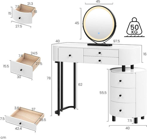 Rootz Dressing Table with Mirror and Side Cabinet - Vanity Table - Makeup Desk - LED Lighting - Large Storage - 117.5cm x 39cm x 123cm