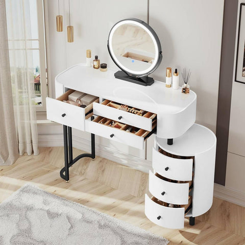 Rootz Dressing Table with Mirror and Side Cabinet - Vanity Table - Makeup Desk - LED Lighting - Large Storage - 117.5cm x 39cm x 123cm