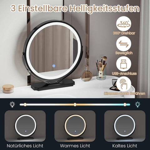 Rootz Dressing Table with Mirror and Side Cabinet - Vanity Table - Makeup Desk - LED Lighting - Large Storage - 117.5cm x 39cm x 123cm