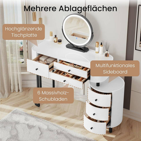 Rootz Dressing Table with Mirror and Side Cabinet - Vanity Table - Makeup Desk - LED Lighting - Large Storage - 117.5cm x 39cm x 123cm