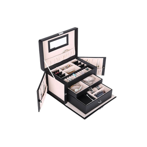 Rootz Jewelry Box - Jewelry Box With 2 Drawers - Multi-compartment Jewelry Chest - Jewelry Storage Box -  Jewelry Dresser - Jewelry Cabinet - MDF + Faux Leather - Black + Beige - 26 x 17 x 18 cm (W x H x D)