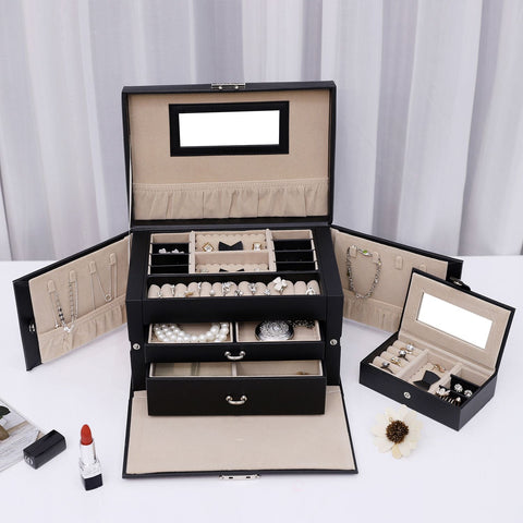 Rootz Jewelry Box Organizer - Earring Holder - Ring Storage - Drawer Compartments - Faux Leather - 26cm x 17cm x 18cm